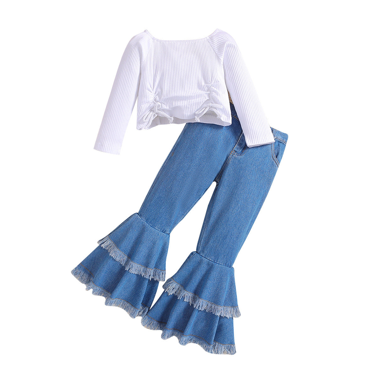 Wholesale Polyester Children's Drawstring Tops Denim Bell Bottoms Two Piece Set